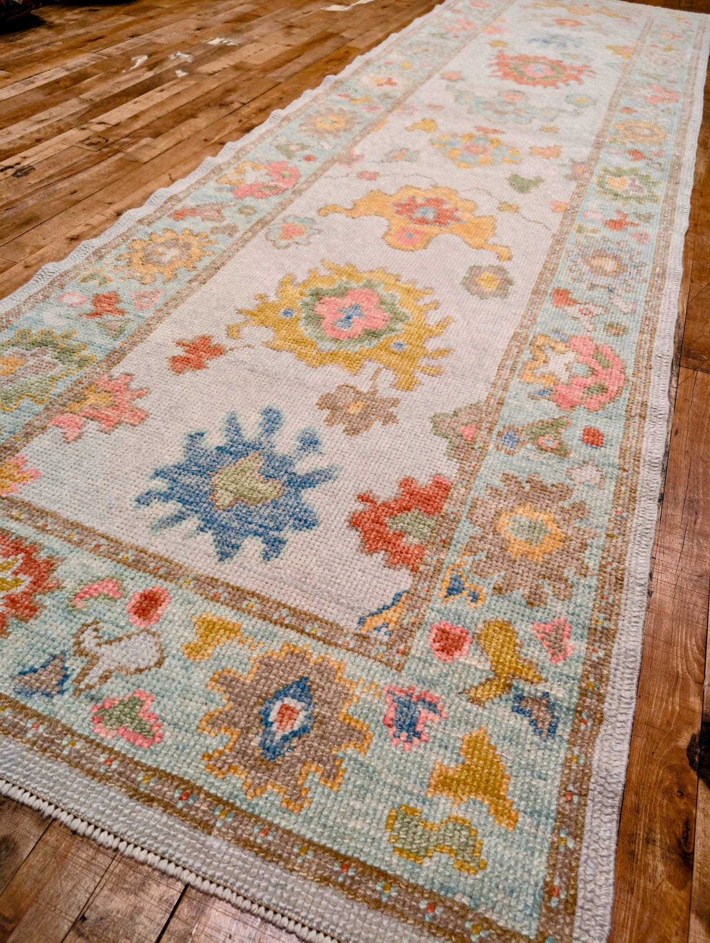 Turkish Oushak hand-knotted Runner Rug 3x10